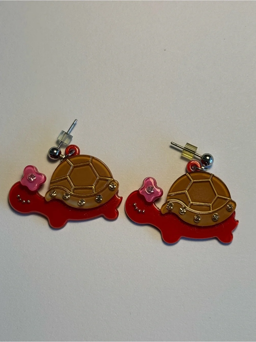 Red Turtle Drop Earrings with Pink Flower Accent